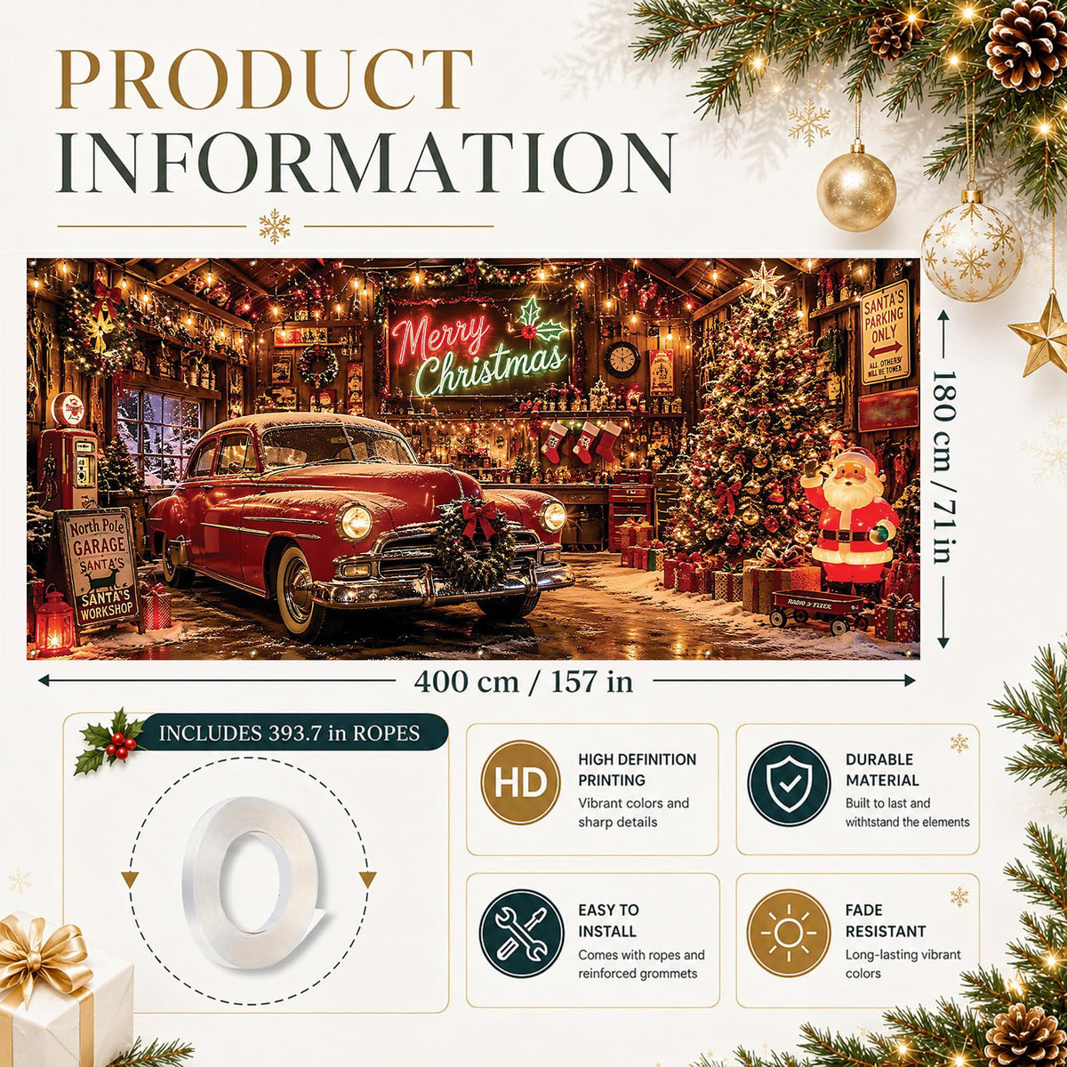 Christmas Nostalgic Garage Door Cover Banner Vintage Car Xmas Backdrop (Christmas Car)