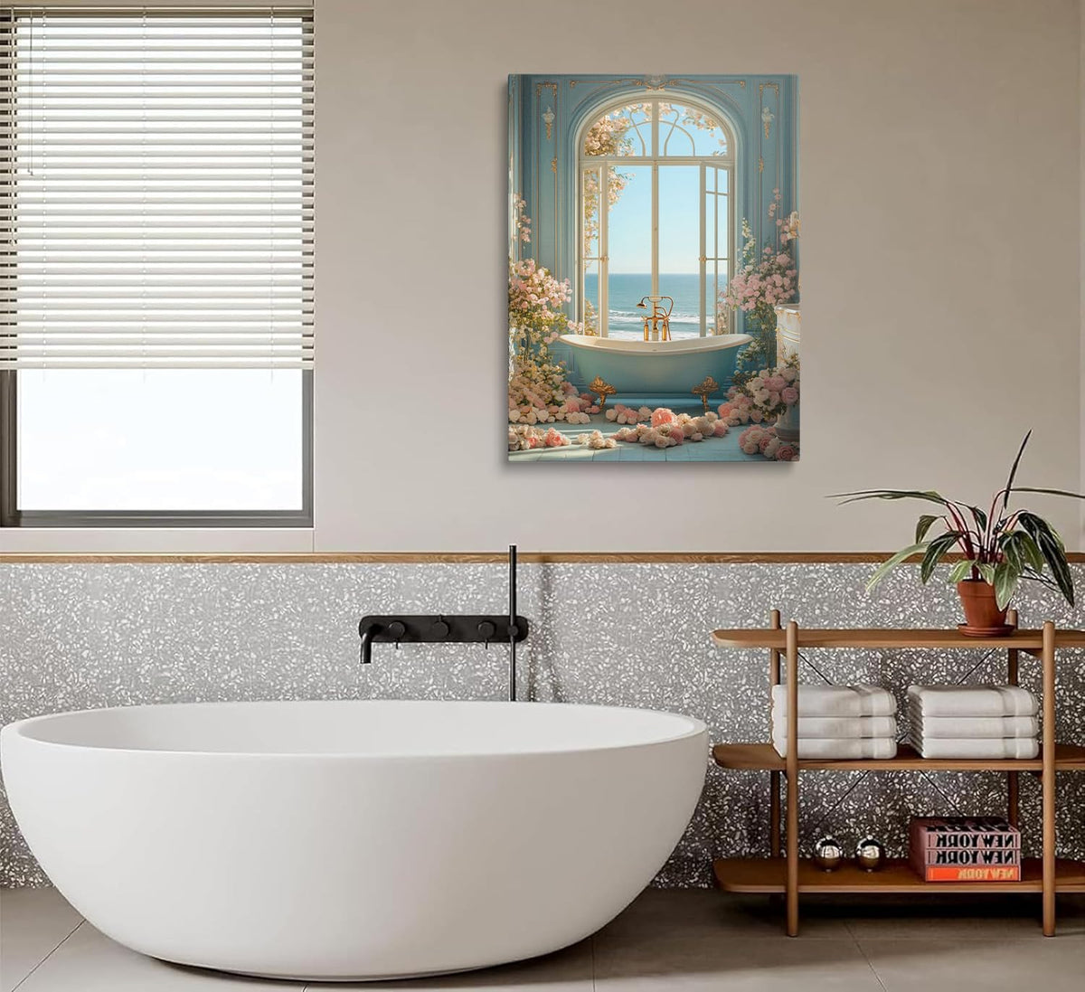 Coastal Blue Bathroom Canvas Wall Art Framed Floral Ocean Decor 16x24 Inch (Bathtub / 24"L x 16"W)