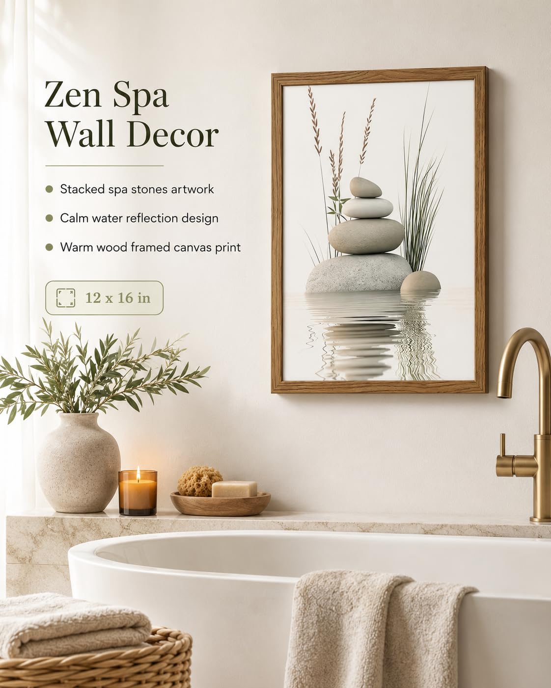 Wood Framed Zen Stones Wall Art Spa Stones Wall Decor (Zen Stones / 16"L x 24"W)
