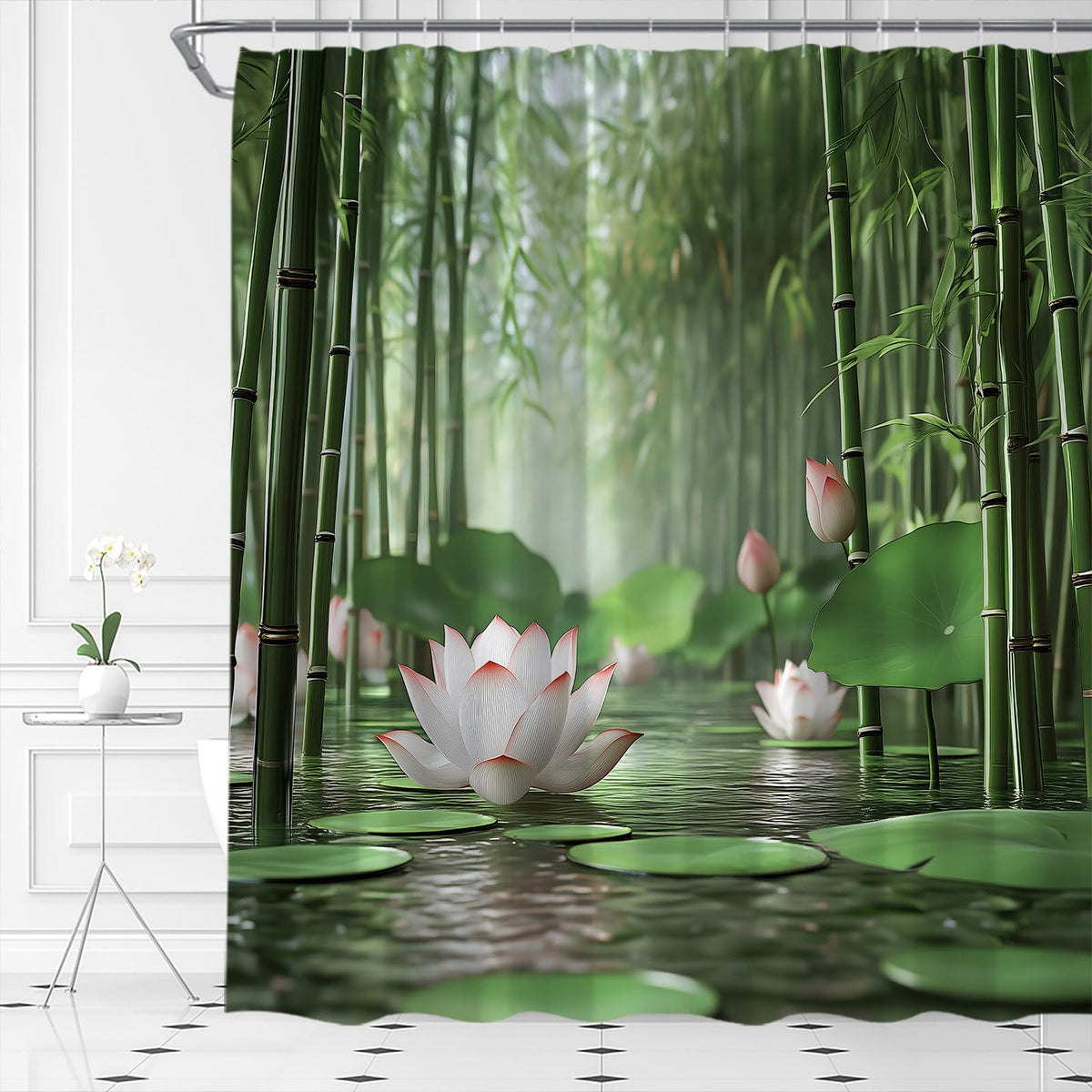 Zen Bamboo Forest Shower Curtain Lotus Asian Oriental Pond Relax (Green / 70"W x 70"L (Pack of 1))