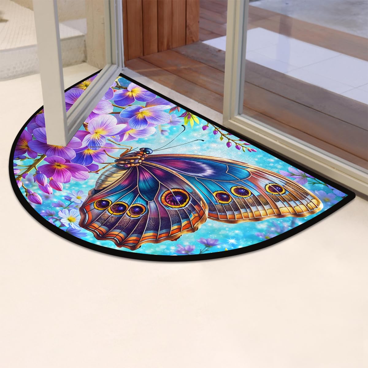 Colorful Butterfly Purple Flower Half Round Mat Half Moon Door Rug Washable Durable Semi Circle Carpet Floor mats for Indoor Outdoor Bathroom Kitchen Patio Hearth Rug Laundry Room Home Decoration (D 030)