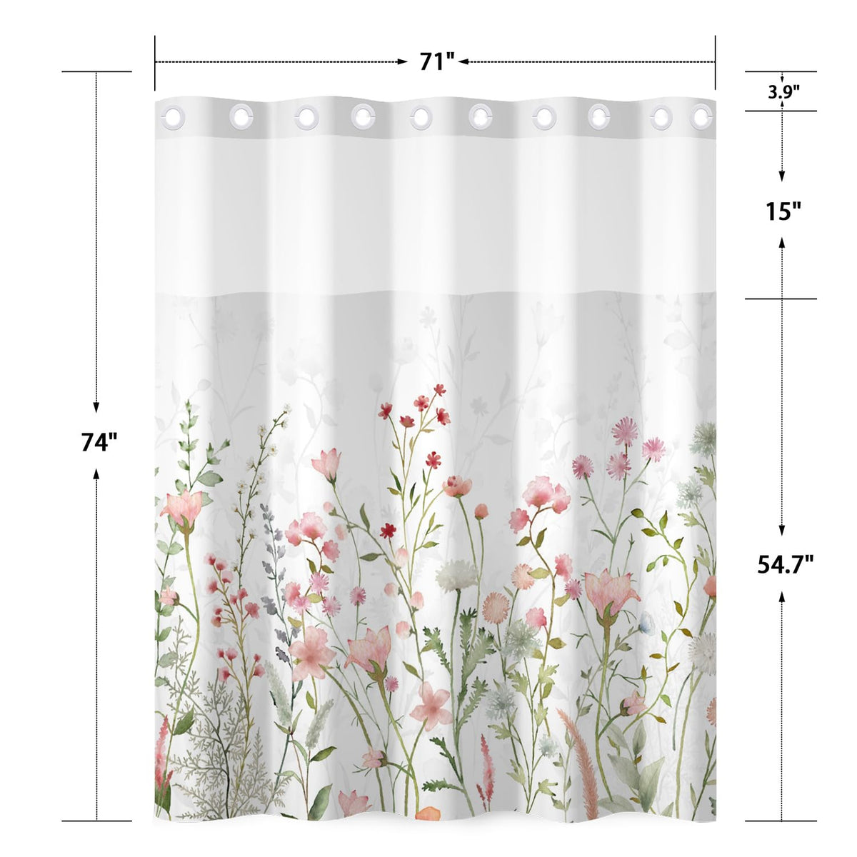 No Hook Shower Curtain with Snap in Liner (Pastel Floral)