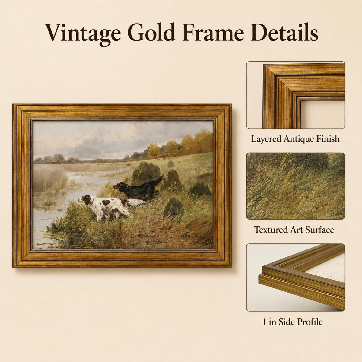 Vintage Golden Framed Canvas Wall Art Retro two Dog and River Painting Picture Wall Decor Antique Frame Victorian Landscape Poster Print Artwork for Living Room Bedroom Gallery Home Decoration (Dog / 11"L x 9"W)