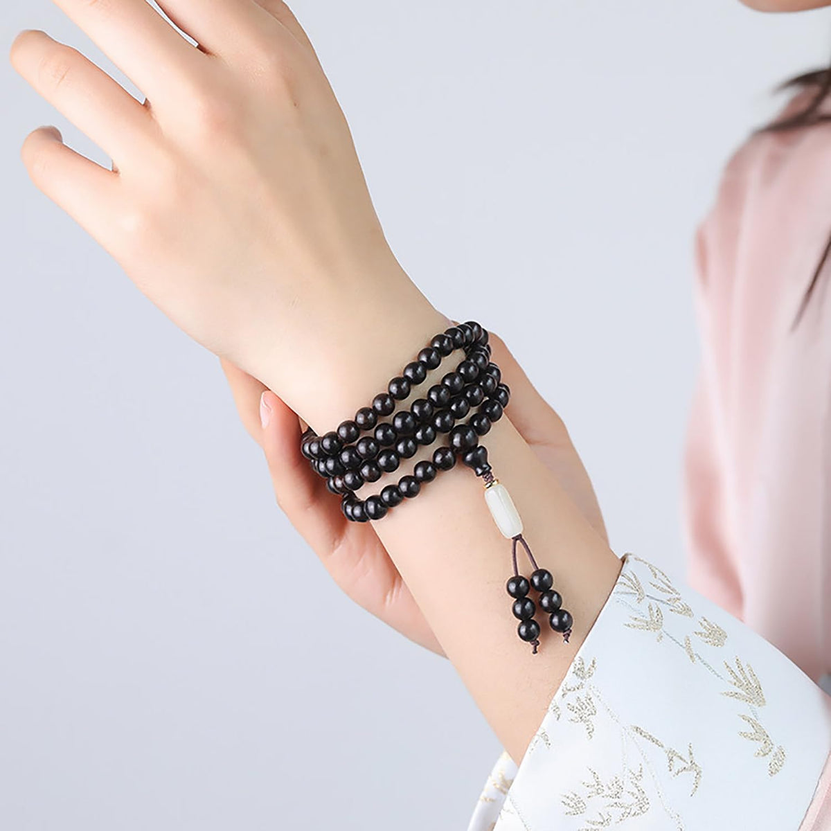 8mm Natural Black Sandalwood 108 Mala Bracelet for Men with Jade Buddha Beads Necklace Ebony Prayer Beads (8mm Beads with Jade - 34 inches)