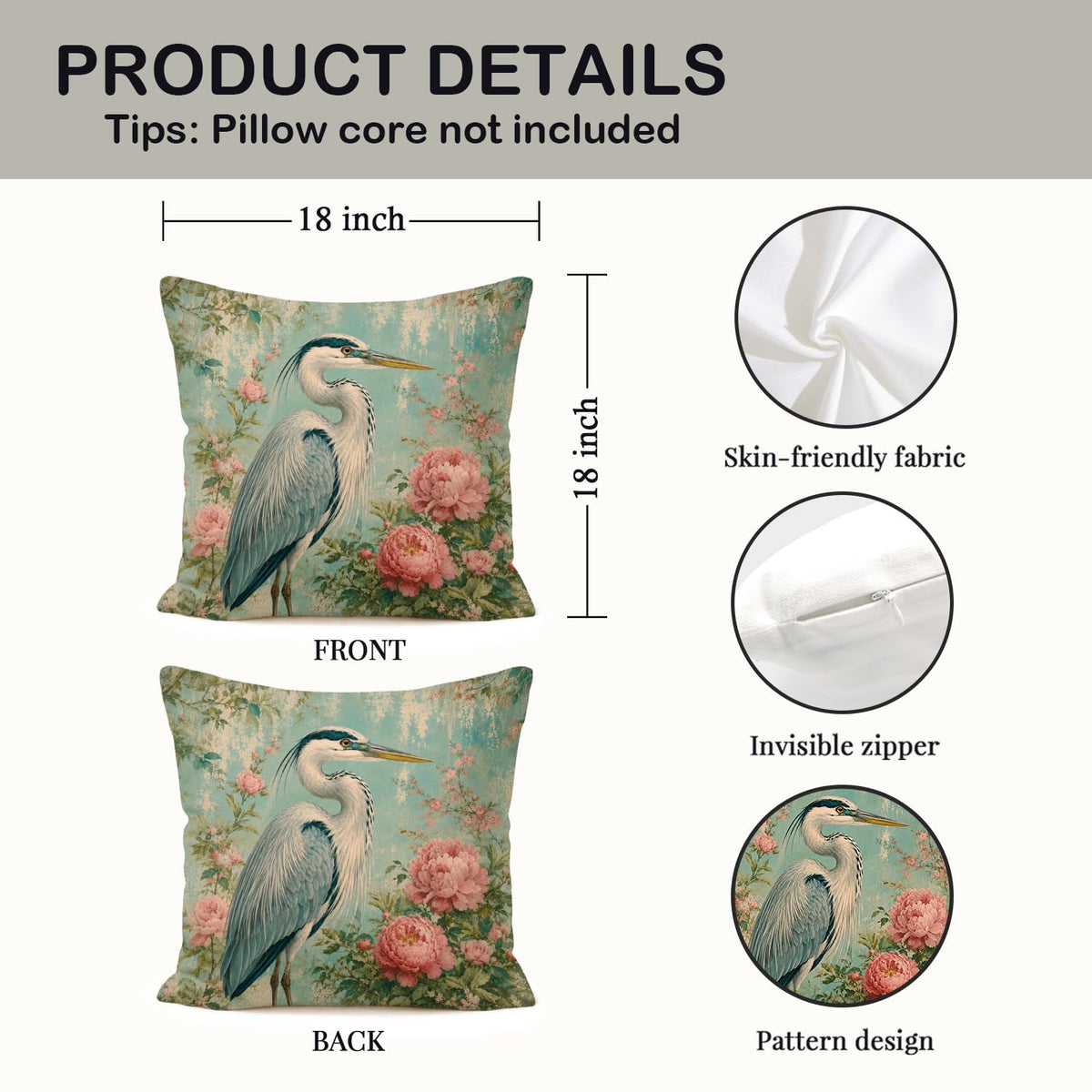 Vintage Pink Peony Floral Heron Bird Pillow Cover 18x18 Set of 2 (White-blue Heron Bird Set 2)