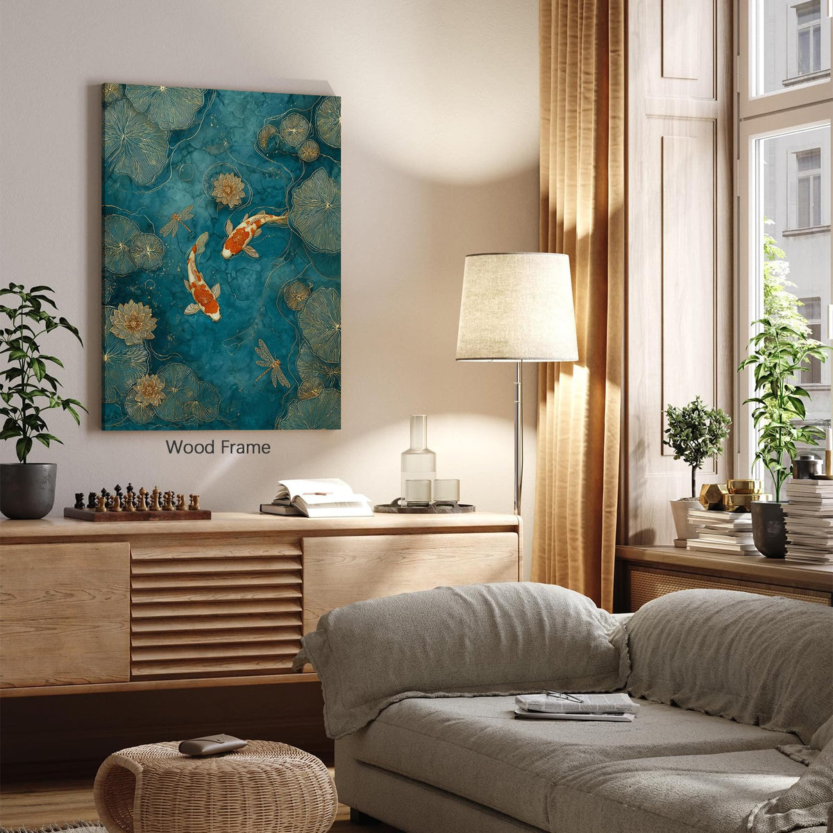 Japanese Koi Fish Zen Framed Canvas Wall Art Traditional Oriental Asian Prints 16x24 inch Elegant Emerald Green Pond Koi Fish Posters for Office Home Bedroom Meditation Yoga Spa Room Decor (Wrapped Canvas / Japanese Posters / 24"L x 16"W)