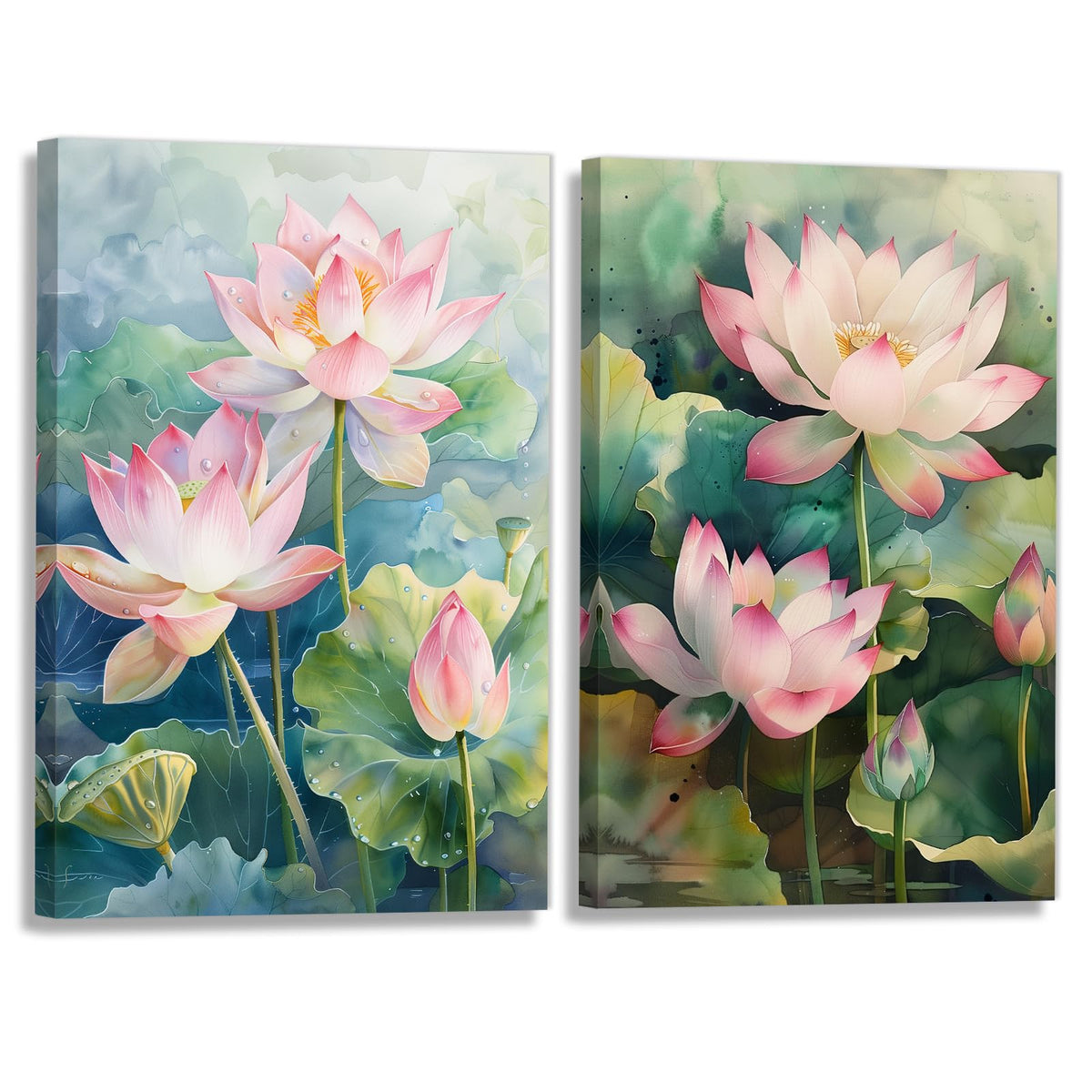 Zen Canvas Wall Art 2 Panel Blooming Pink Lotus Poster Wall Decor Watercolor Lotus Pond Painting Modern Artwork Spa Room Home Decoration Ready To Hang (Artwork-2 / 24"x36"x2pcs)