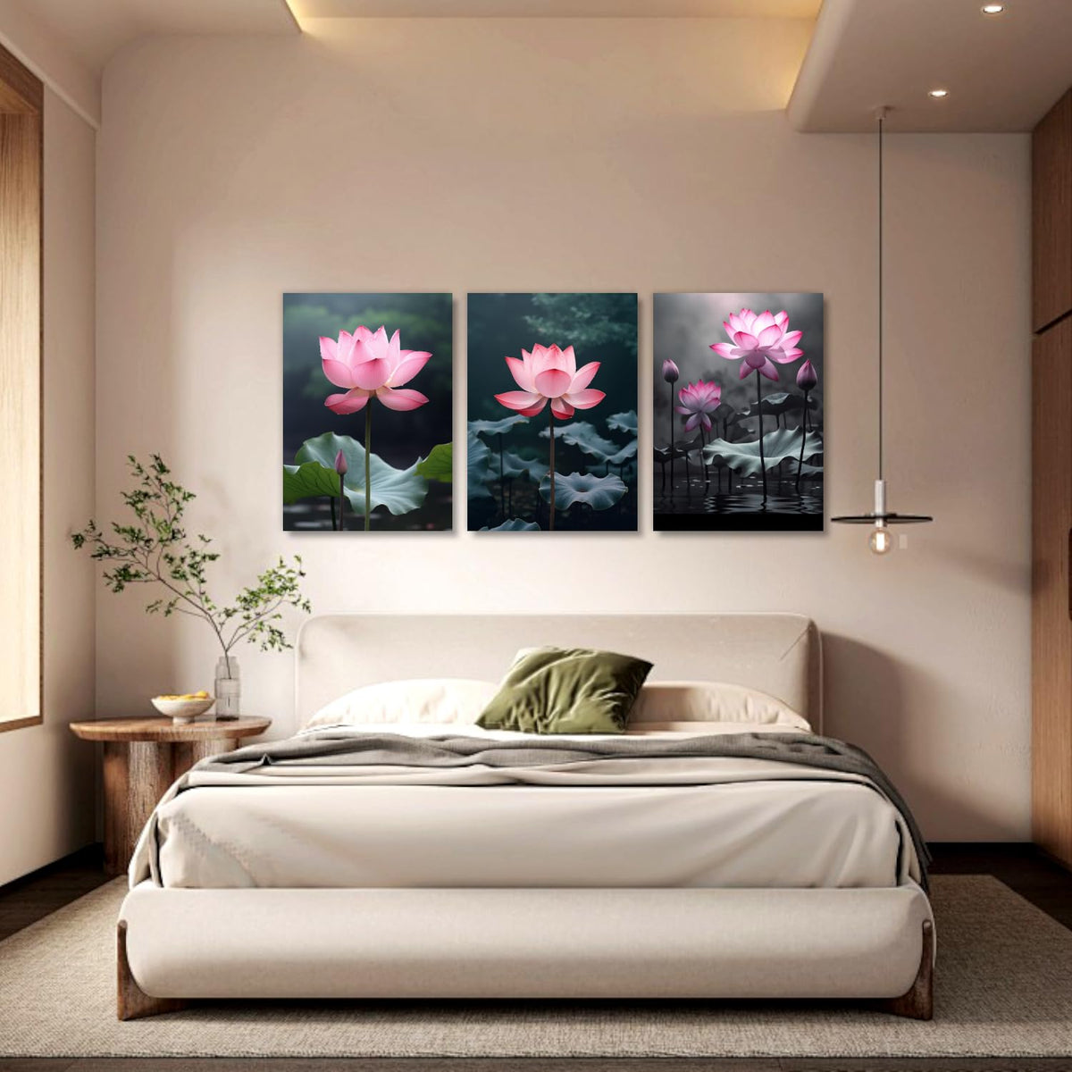 Pink Lotus Canvas Wall Art 3 Pieces Flower with Lotus Leaf in River Pictures Prints Wall Decor Nature Landscape Painting Vintage Artwork for Home Decor (Lotus-5 / 11.00"x14.00"x3P)