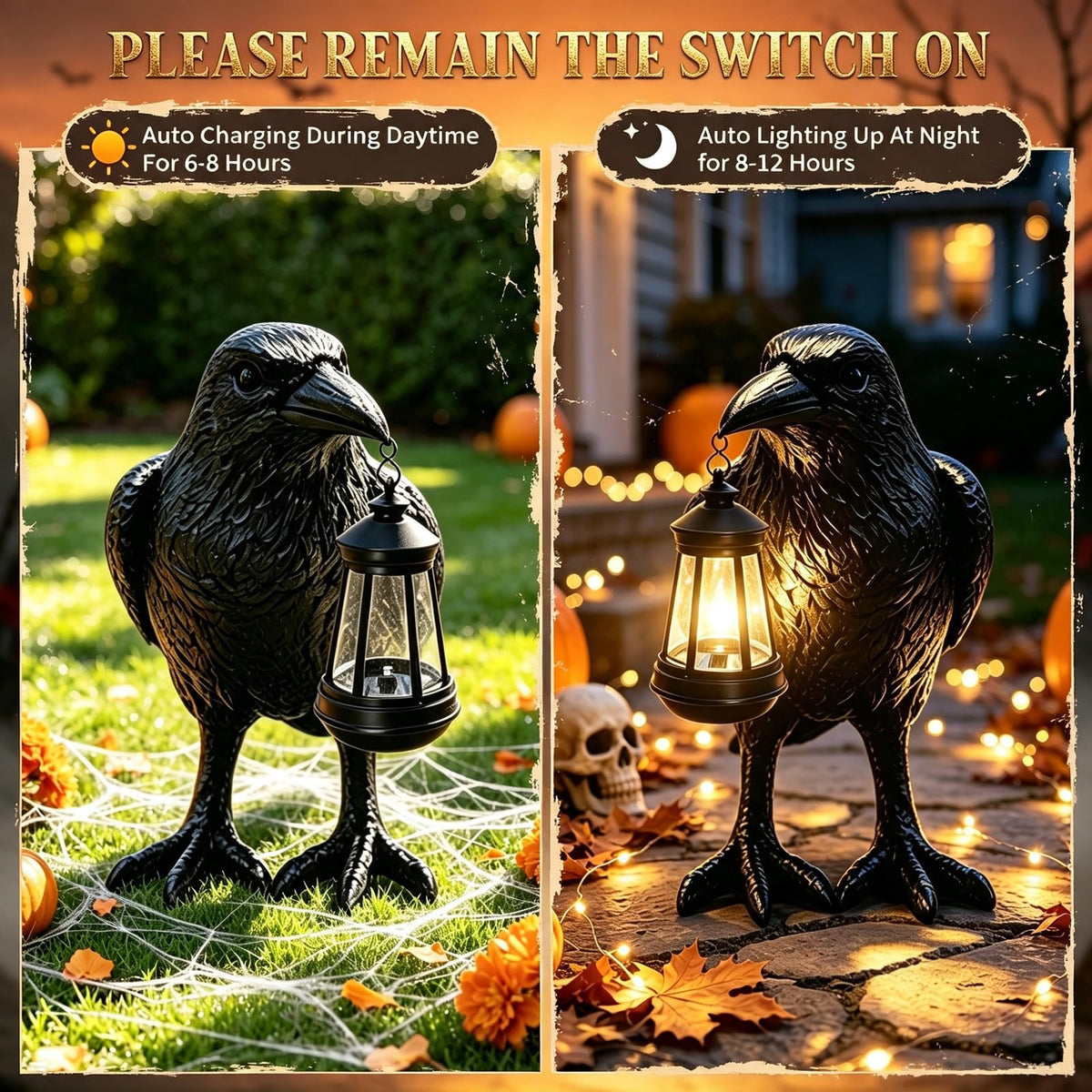 Halloween Crow Solar Garden Statue Outdoor Figurine Halloween Decoration (Black - Crow With Lantern)