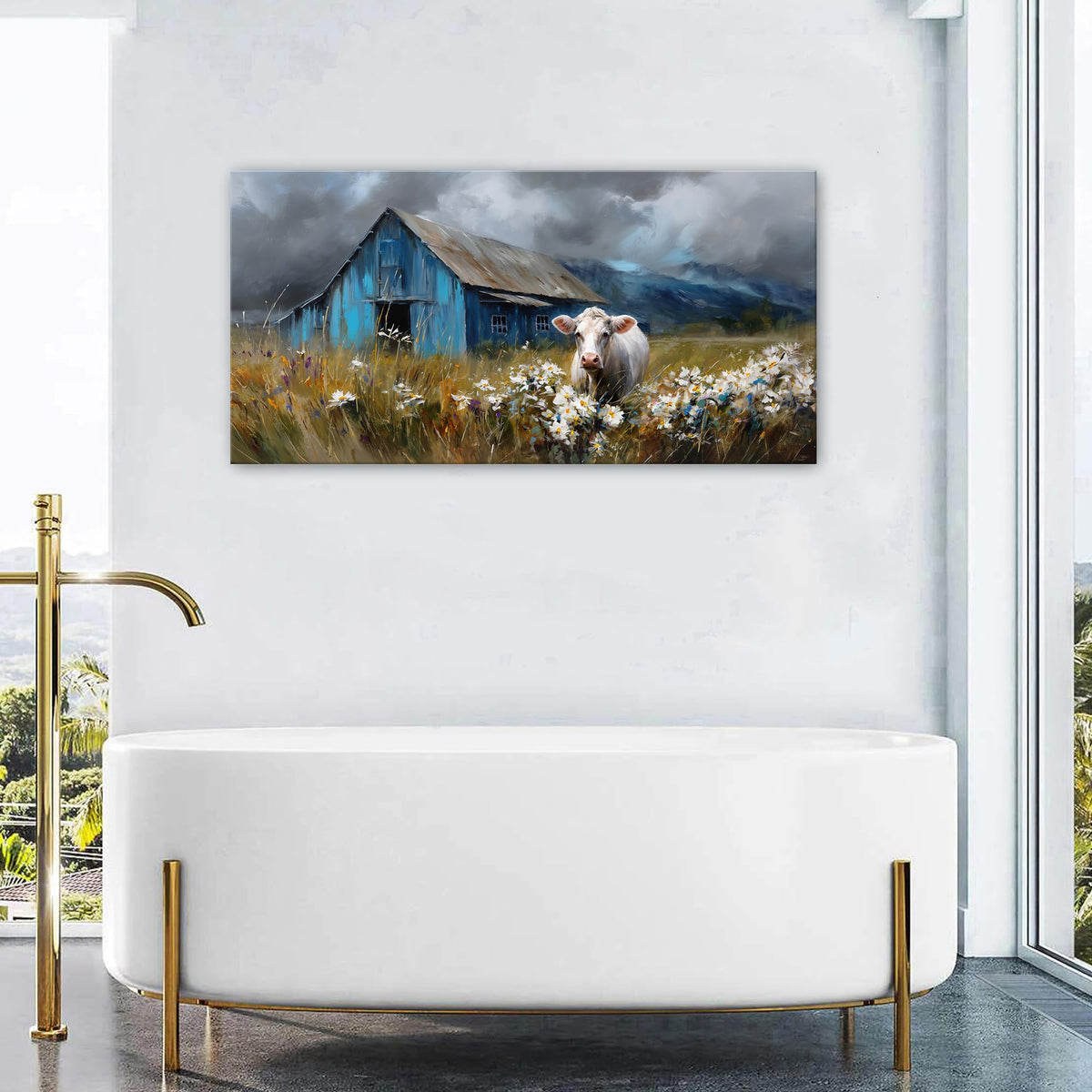 Farmhouse Cow Wall Art Rustic Barn Landscape Pictures Wall Decor Blue Barn Wildflower Field Canvas Prints Country Farm Animal Artwork for Living Room Dining Room Bedroom Home Decoration 24x48 (48"L x 24"W / Farmhouse)