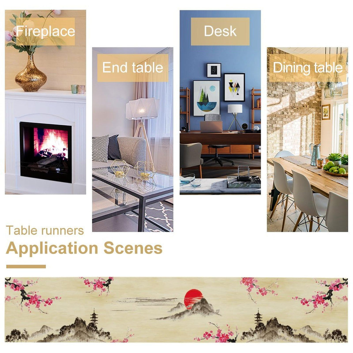 Japanese Cherry Blossom Table Runner Retro Spring Landscape Mountain Plum Floral Tabletop Decor Cover for Holiday Dining Room Party 13x90 Inch (13x90inch / Plum-1)
