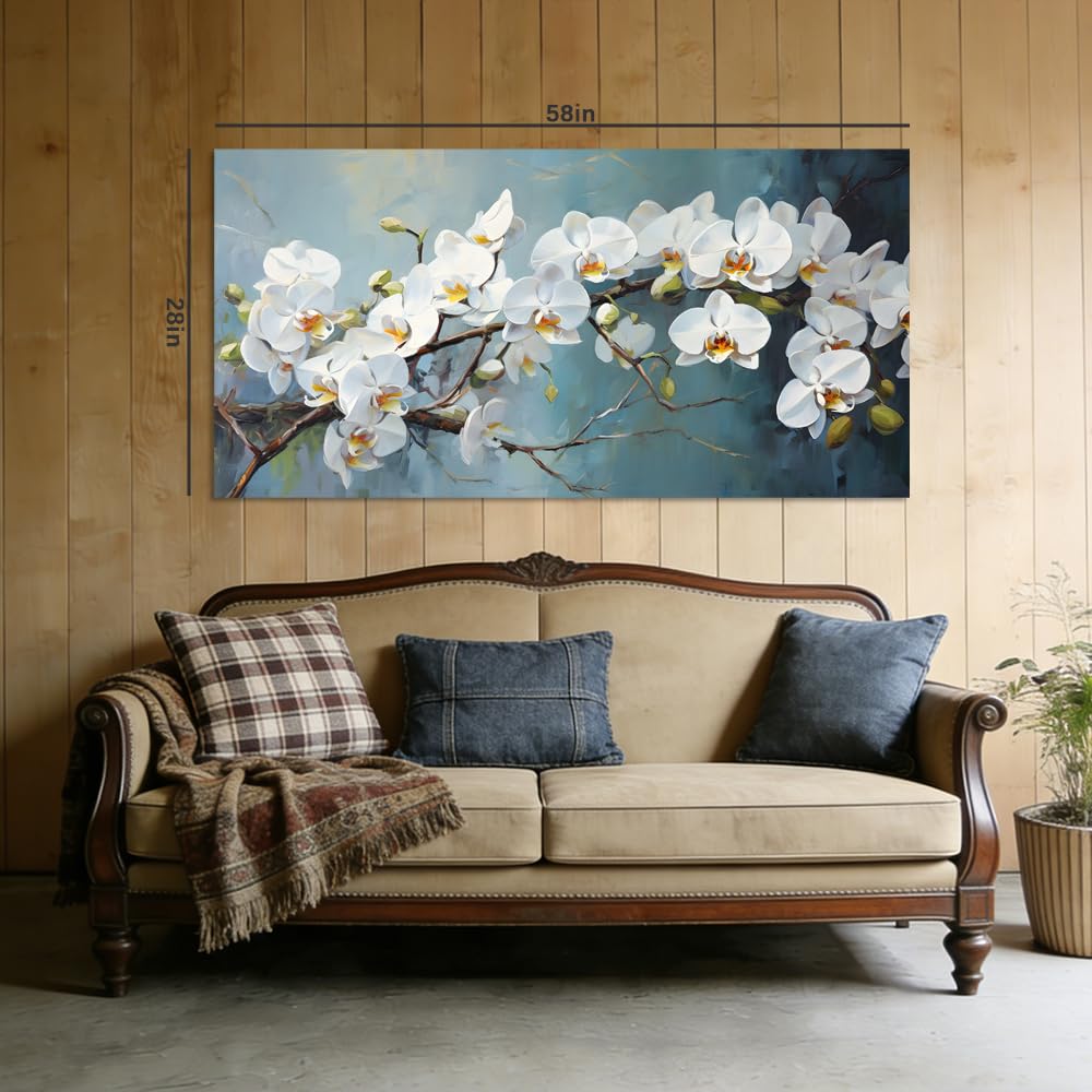 White Orchid Canvas Wall Art Floral Branch Painting Light Blue Background Flat Print Gallery Wrapped Botanical Artwork for Living Room Bedroom Bathroom Decor (Mysterious / White Orchid Blossom 30 / 46"L x 23"W)