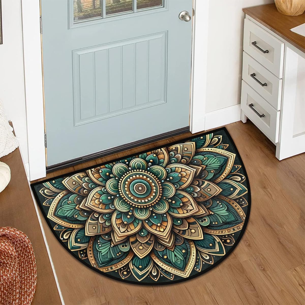 Mandala Ethnic Flower Half Round Door Mat Half Moon Rug Washable Half Circle Area Rugs Indoor Entrance Non Slip Semi Circle Bathroom Rugs Floor Carpet for Kithen Bedroom Fireplace Decor (Color 11)