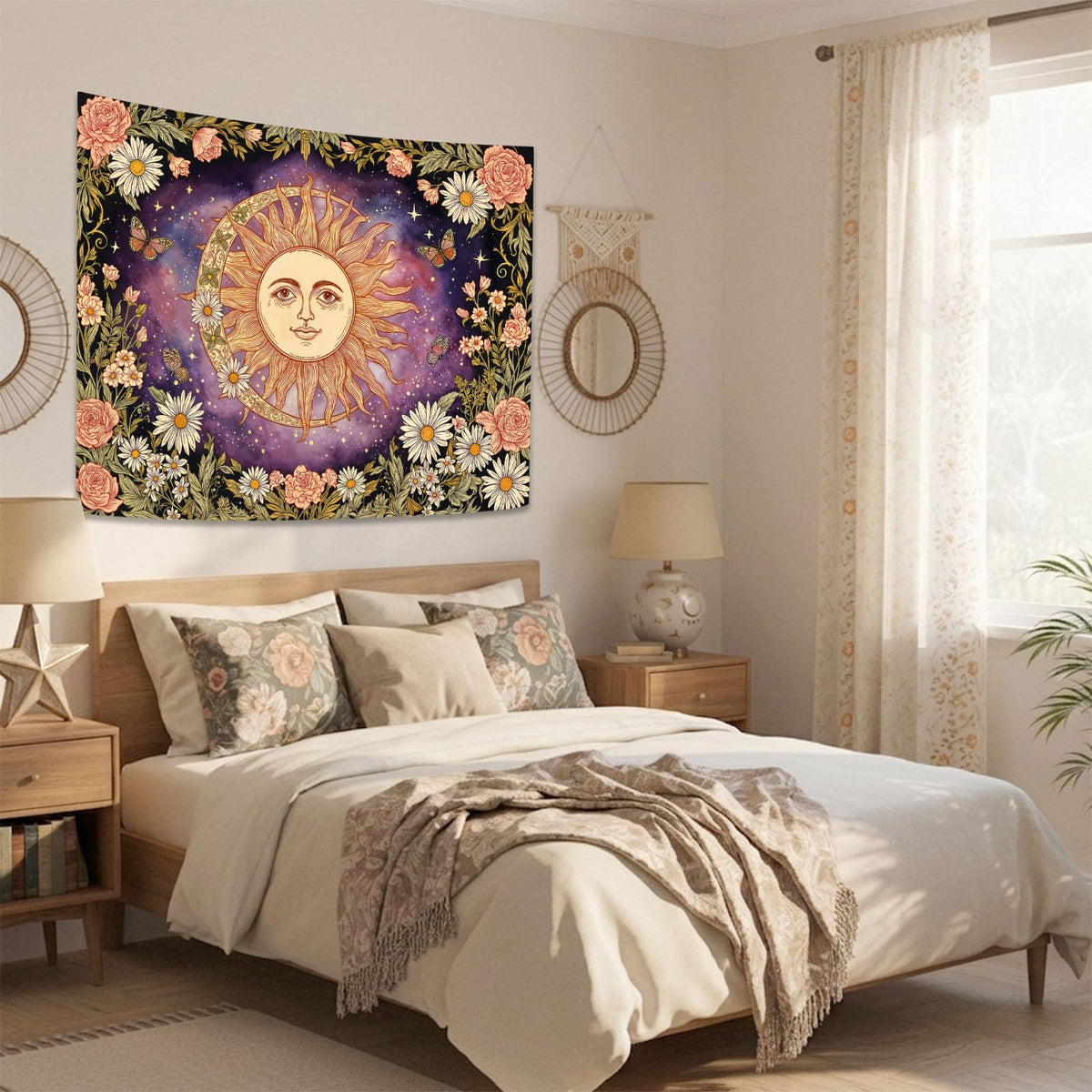 Vintage Sun and Moon Boho Purple Daisy Floral Tapestry 60 x 44 Inch (Purple Sun Rose / 60"L x 44"W)