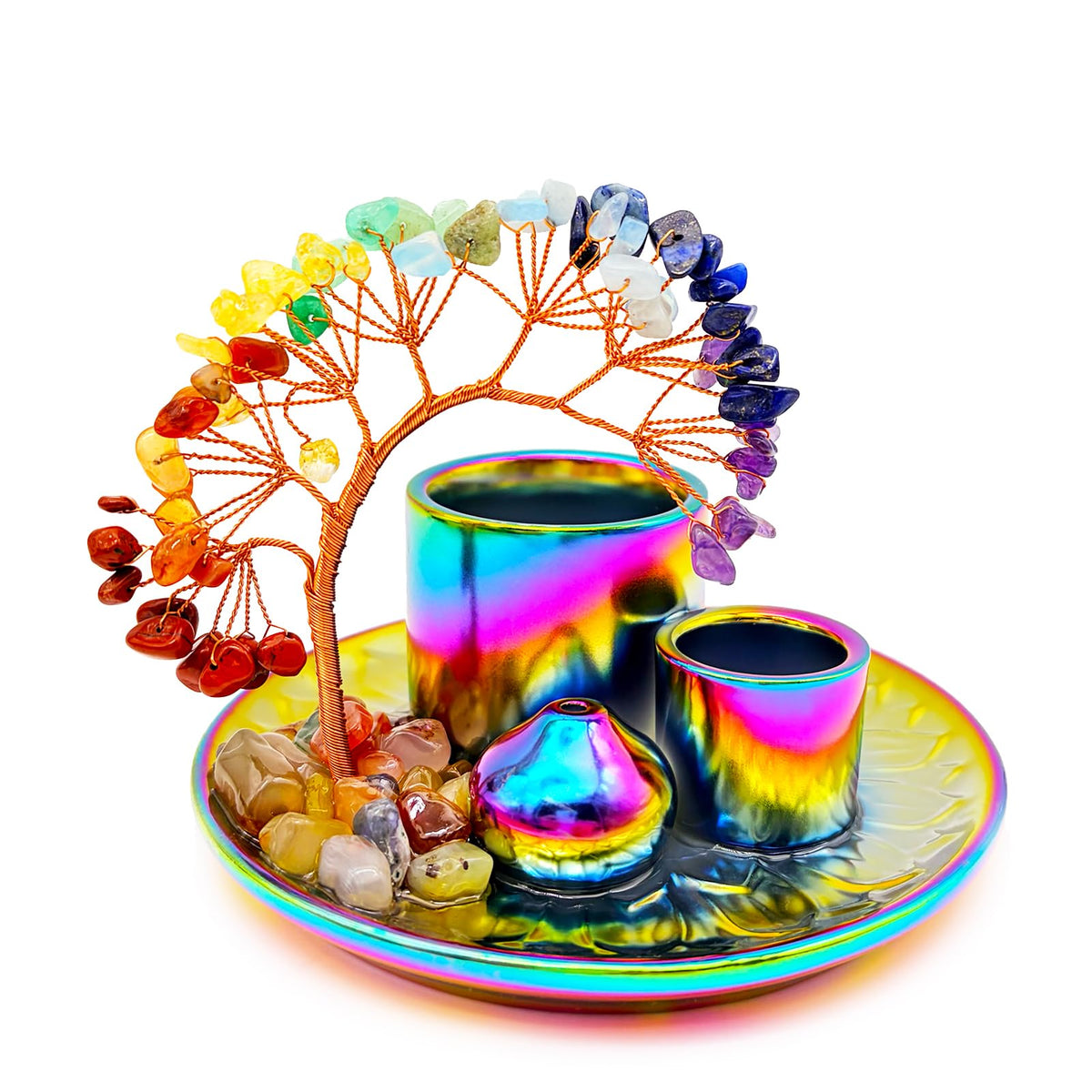 5 in 1 Incense Burner Holder with Crystal Tree for Burning Palo Santo Stick (Colorful)