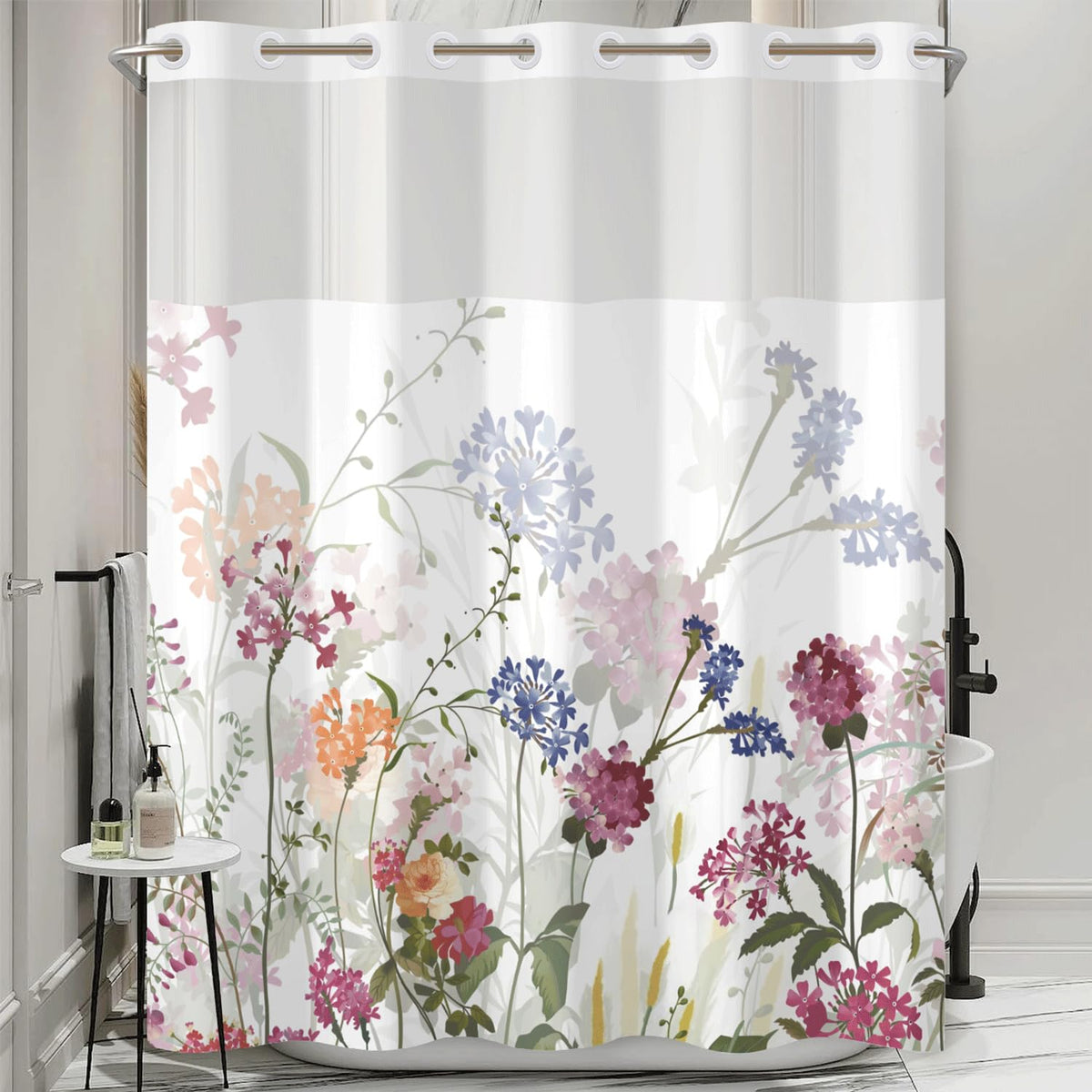 No Hook Shower Curtain and Liner Set (Watercolor Floral)