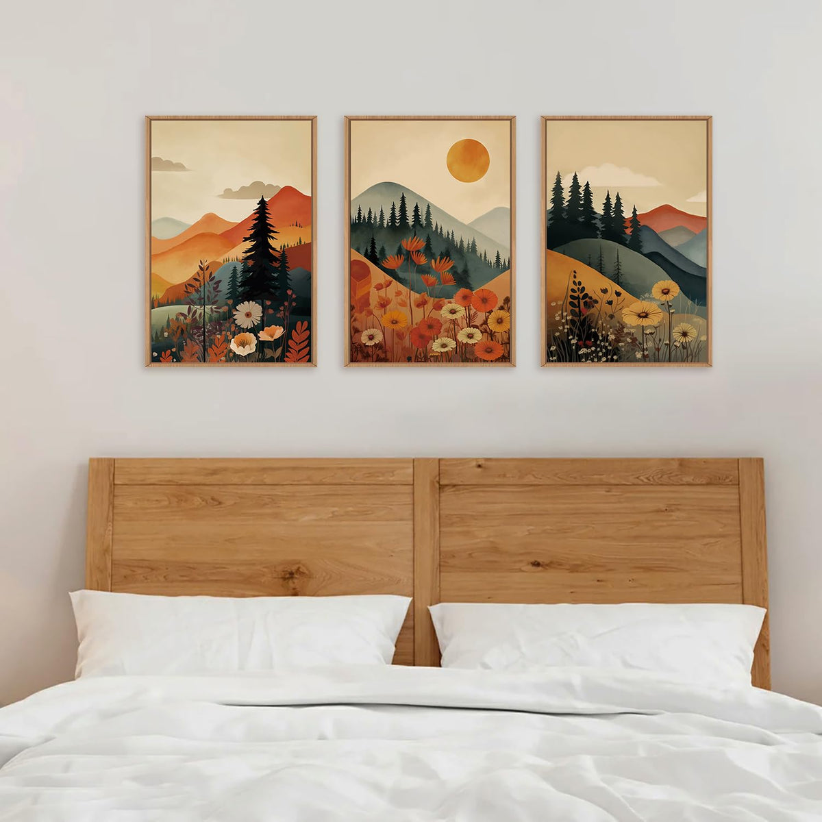 Large Boho Mountain Sunset Framed Canvas Wall Art Set (Mountain Sunset Wall Art / 24"x36"x3)