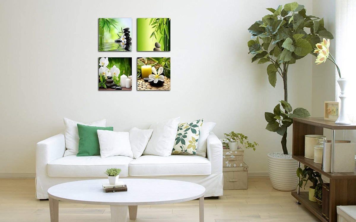 Modern 4 Panel Zen Giclee Canvas Print Spa Wall Art Spa Massage Treatment Pictures on Canvas Wall Art for Home Office Decorations Living Room Bedroom (14X14inchX4 / Green zen)