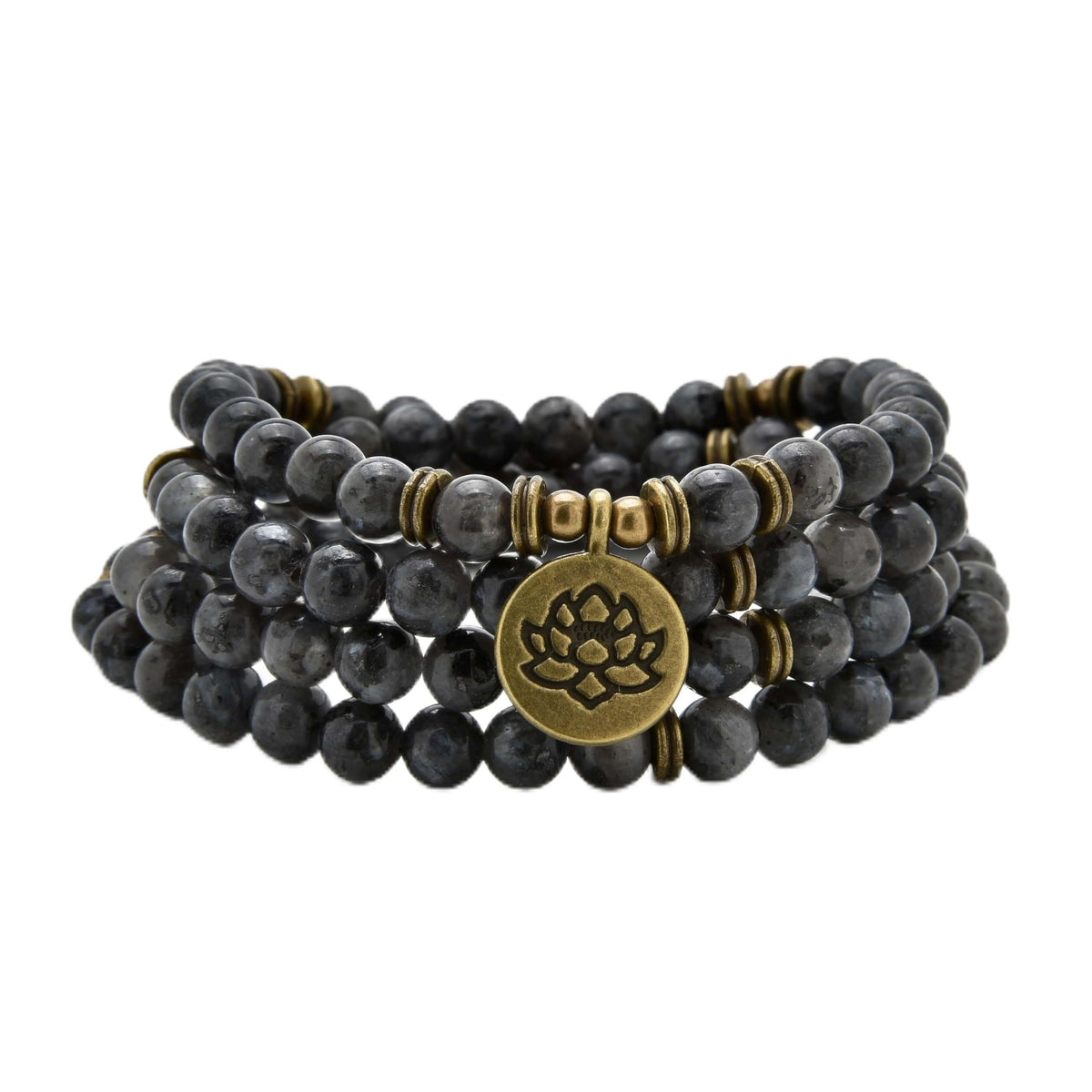 108 Healing Mala Beads Bracelet or Necklace with Gold Lotus Charm (Labradorite)