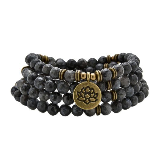 108 Healing Mala Beads Bracelet or Necklace with Gold Lotus Charm (Labradorite)