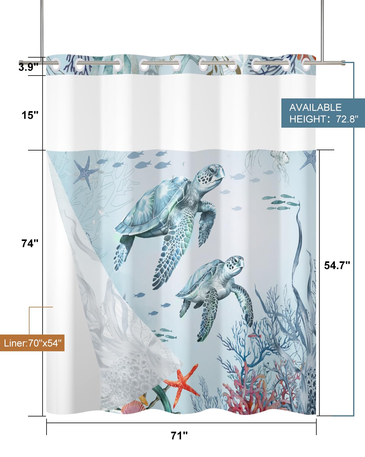 Ocean Sea Turtle Shower Curtain with Snap in Removable Liner (Turtle)