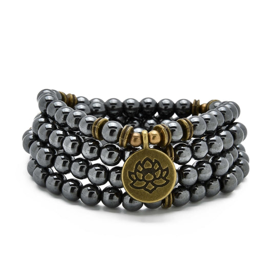 108 Healing Mala Beads Bracelet or Necklace with Gold Lotus Charm (Hematite)