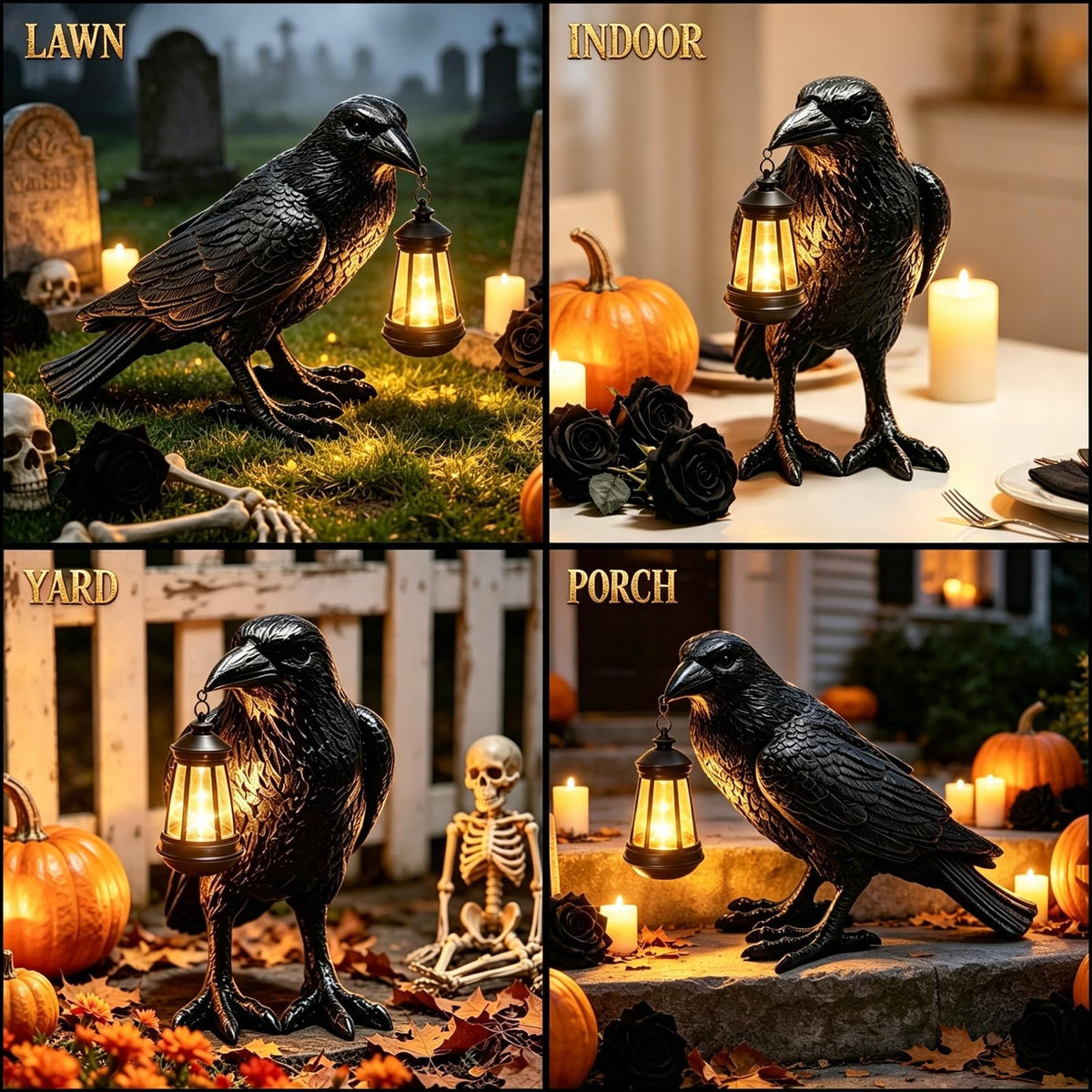 Halloween Crow Solar Garden Statue Outdoor Figurine Halloween Decoration (Black - Crow With Lantern)
