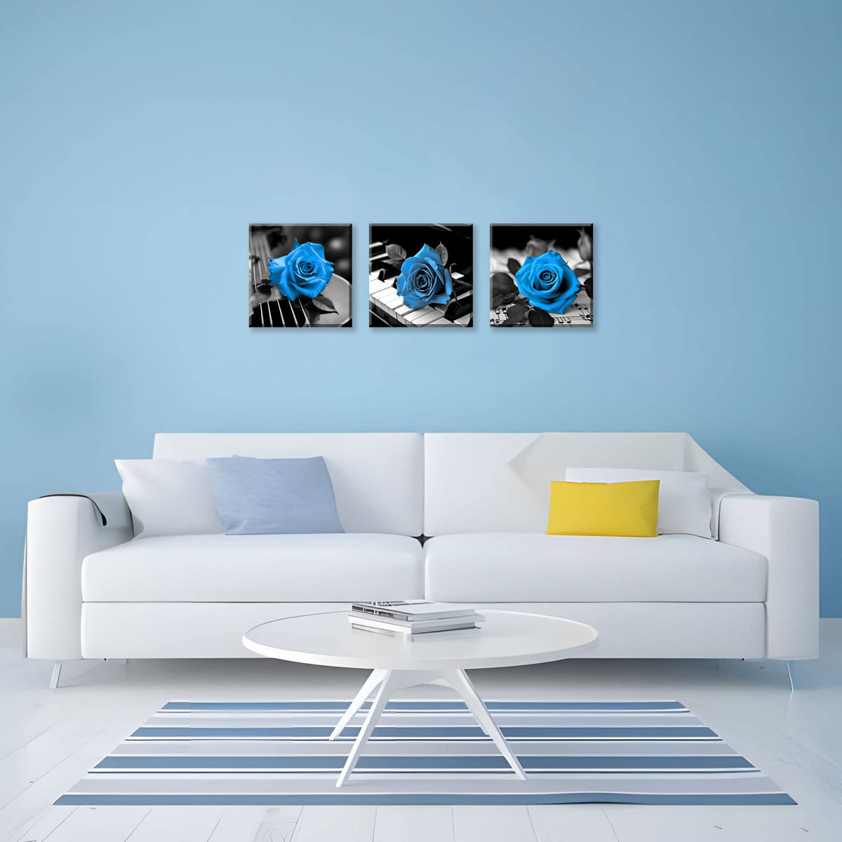 Blue Wall Decor for Living Room Blue Bathroom Accessories Black and White Canvas Wall Art Blue Rose Music Pictures Bedroom Decor Modern Painting Kitchen Home Decorations 16x16 3 Pcs (16 x 16 inches (3-Piece Set) / Blue Rose & Music)
