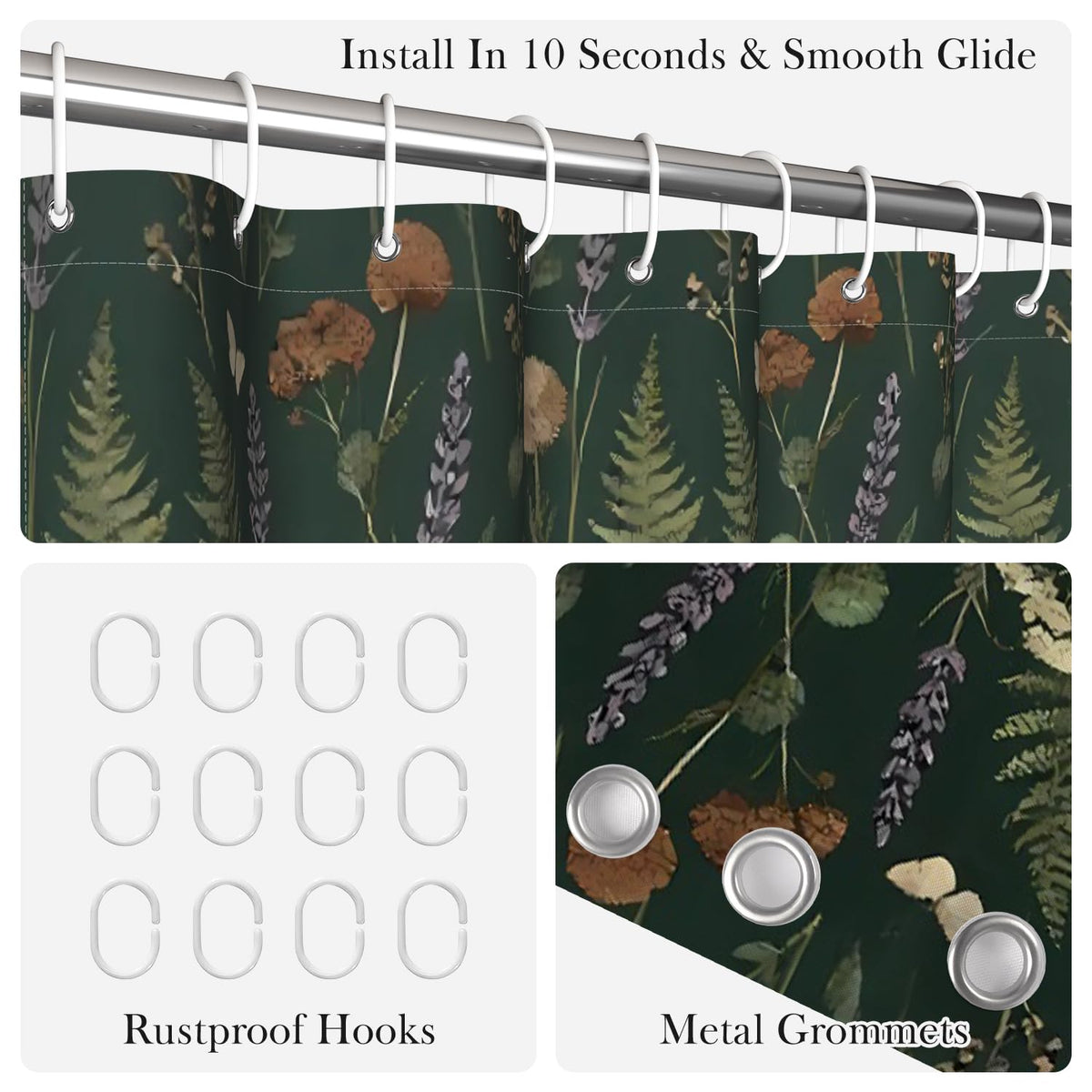Dark Green Botanical Shower Curtain with Hooks (Dark Green Floral / 72"W x 78"L (Pack of 1))