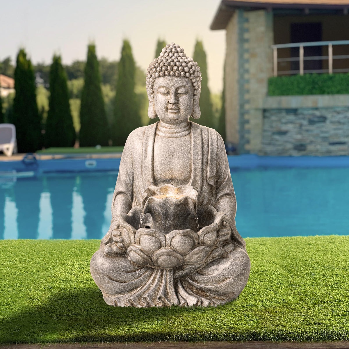 Buddha Fountain Outdoor with Pump & LED Light 23.25" H (Concrete Buddha W/Lotus Leaf&flower Basins / 23.25"H)