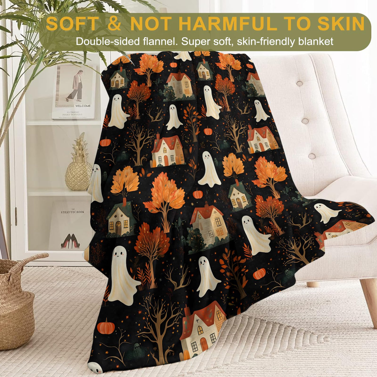 Spooky Ghost Village Flannel Blanket (40x50in / Ghost)