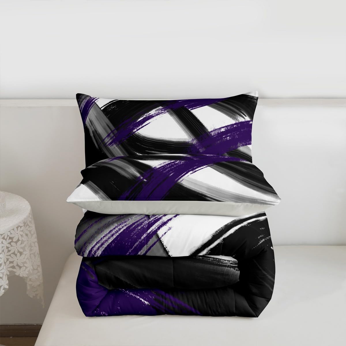 Black Purple Comforter Set Twin Size Abstract Geometric Bedding Set for Boys Girls Modern Minimalist Duvet Quilt Room Decor Breathable Soft Microfiber All Season 2Pcs with 1 Pillow Case (Multi 45689 / Twin)