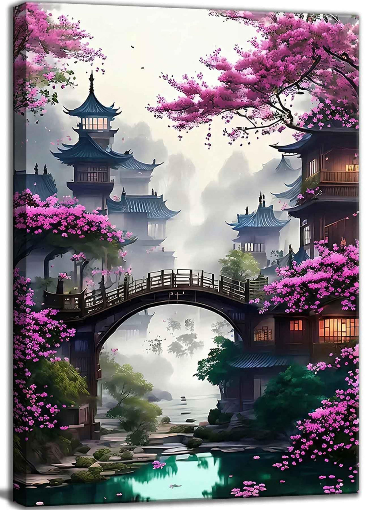 Eastern Zen Cherry Blossom Canvas Wall Art Japanese Ancient Architecture Decor Painting Picture Tokyo Anime Scene Posters Prints for Living room Hotel Bedroom Study Home Decoration (Japan / 24"L x 16"W)