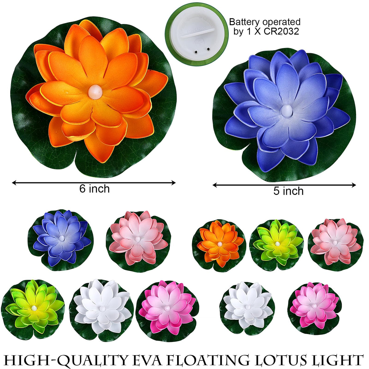 12PCS 5’’& 6’’Diwali Floating Lotus Light (5''+6'' / Mix-color)