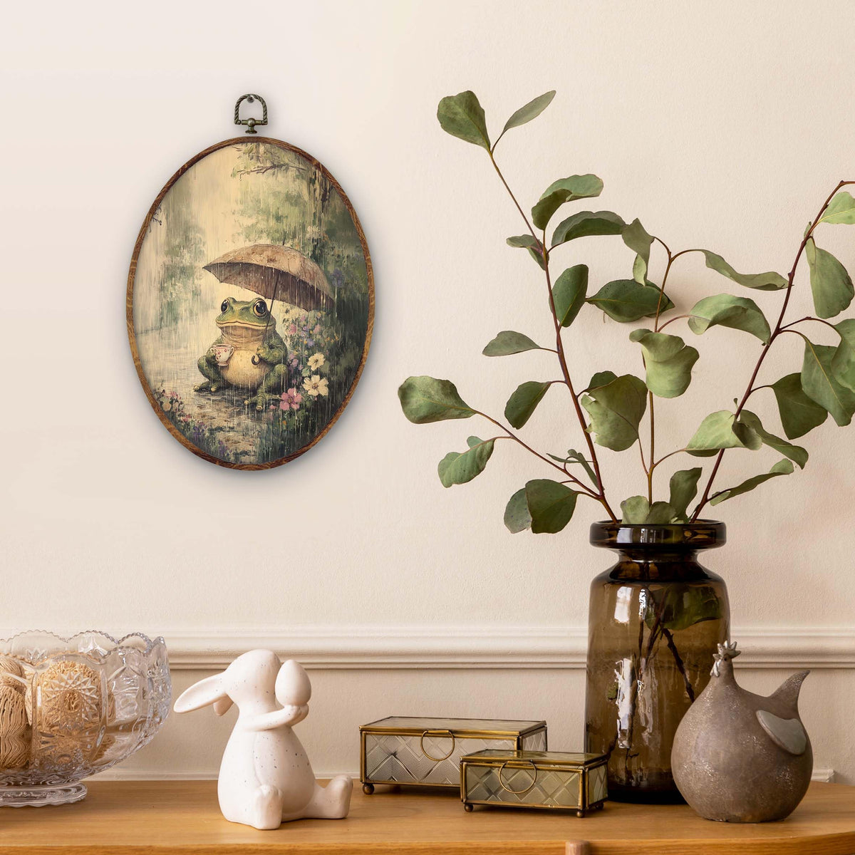 Vintage Rustic Frog Floral Oval Wall Art Decor (frog-3)