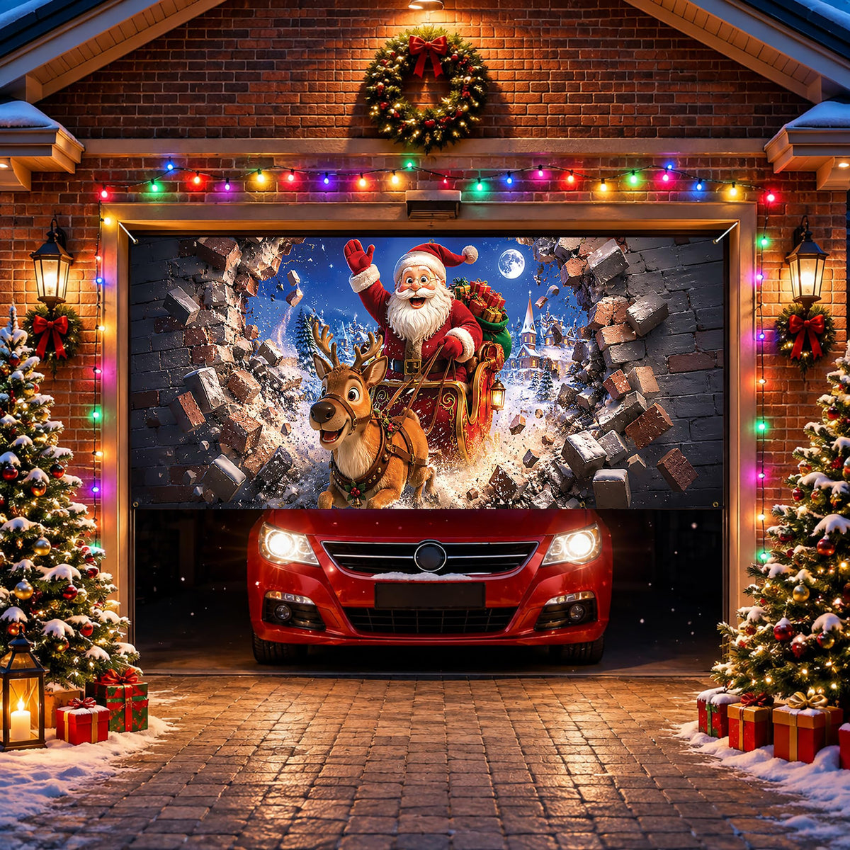 Christmas Garage Door Cover Banner Santa Reindeer Sleigh Backdrop (Santa Claus-1)