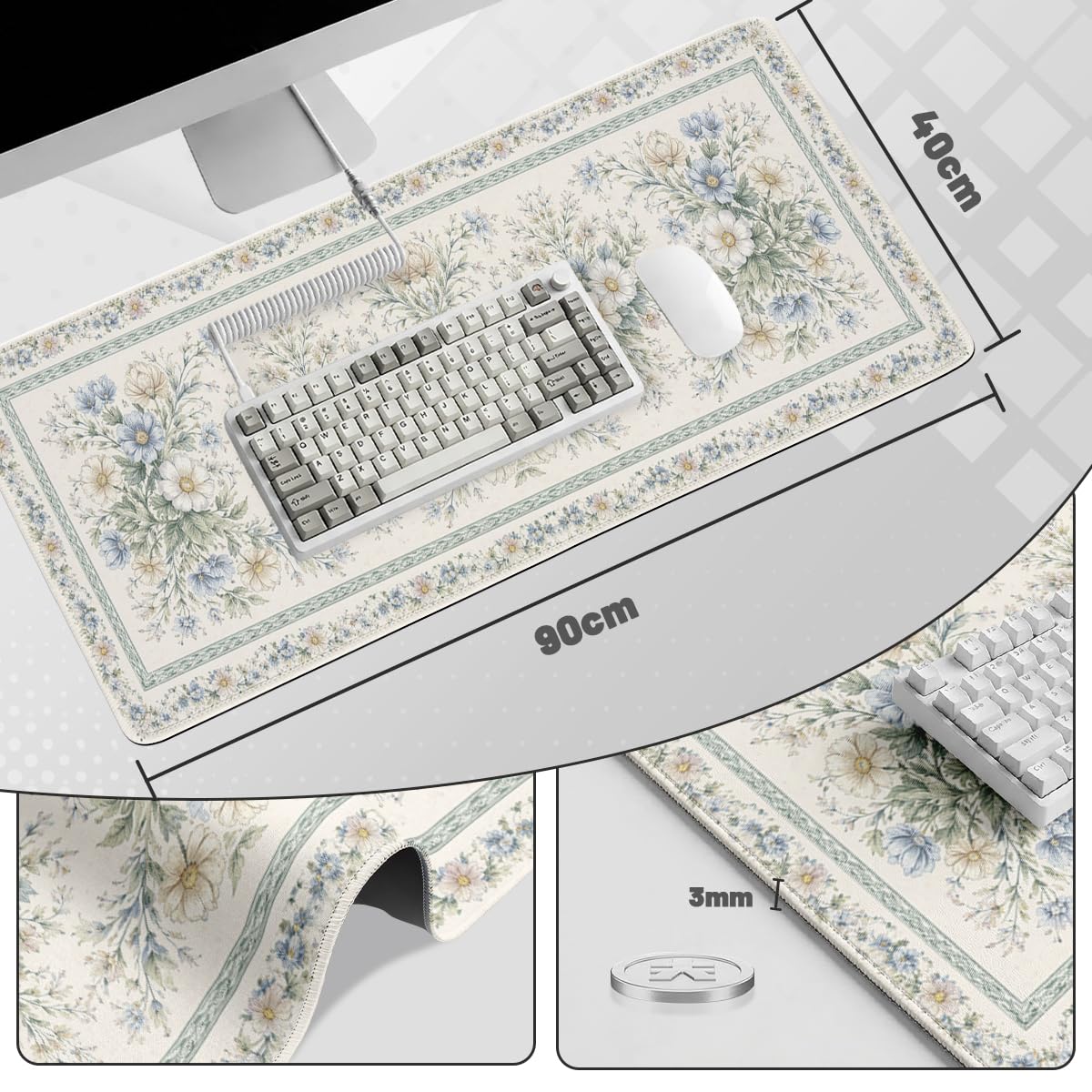 Vintage Floral Large Gaming Mouse Pad Blue Flowers Country Botanical Desk Mat (Vintage Floral / 35.4L x 15.7W inches)