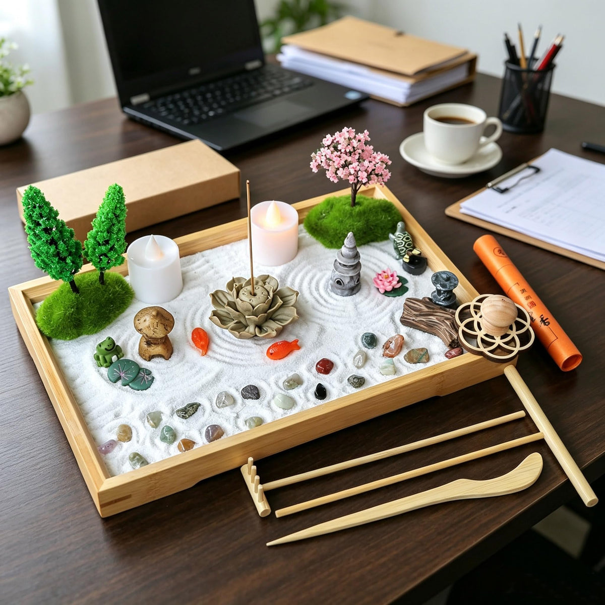 Tabletop Zen Garden Kit Desktop Meditation Sand Tray Therapy Landscape Set (Style B)