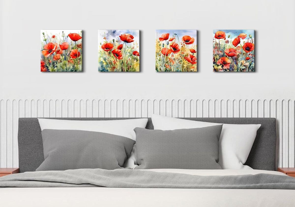 Red Poppy Floral Canvas Wall Art Bedroom Wall Decor (12"L x 12"W / REDPOPY)