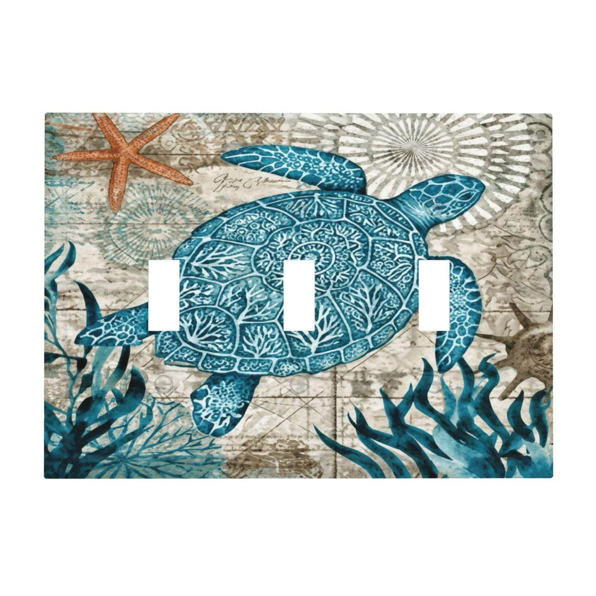 Nautical Beach Turtle Coastal 3 Gang Electrical Outlet Light Switch Cover Decorative Triple Toggle Wall Plate Electric Faceplate Switch Face Plate (Nautical Beach Turtle Coastal / 3 Gang Toggle Mid)