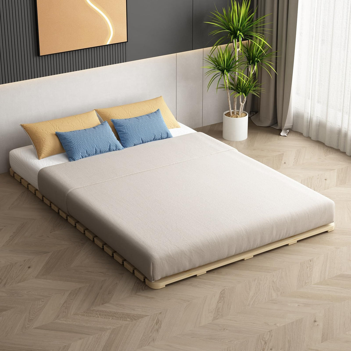 Foldable Floor Bed Frame for Japanese Futon Mattress King Size (King)