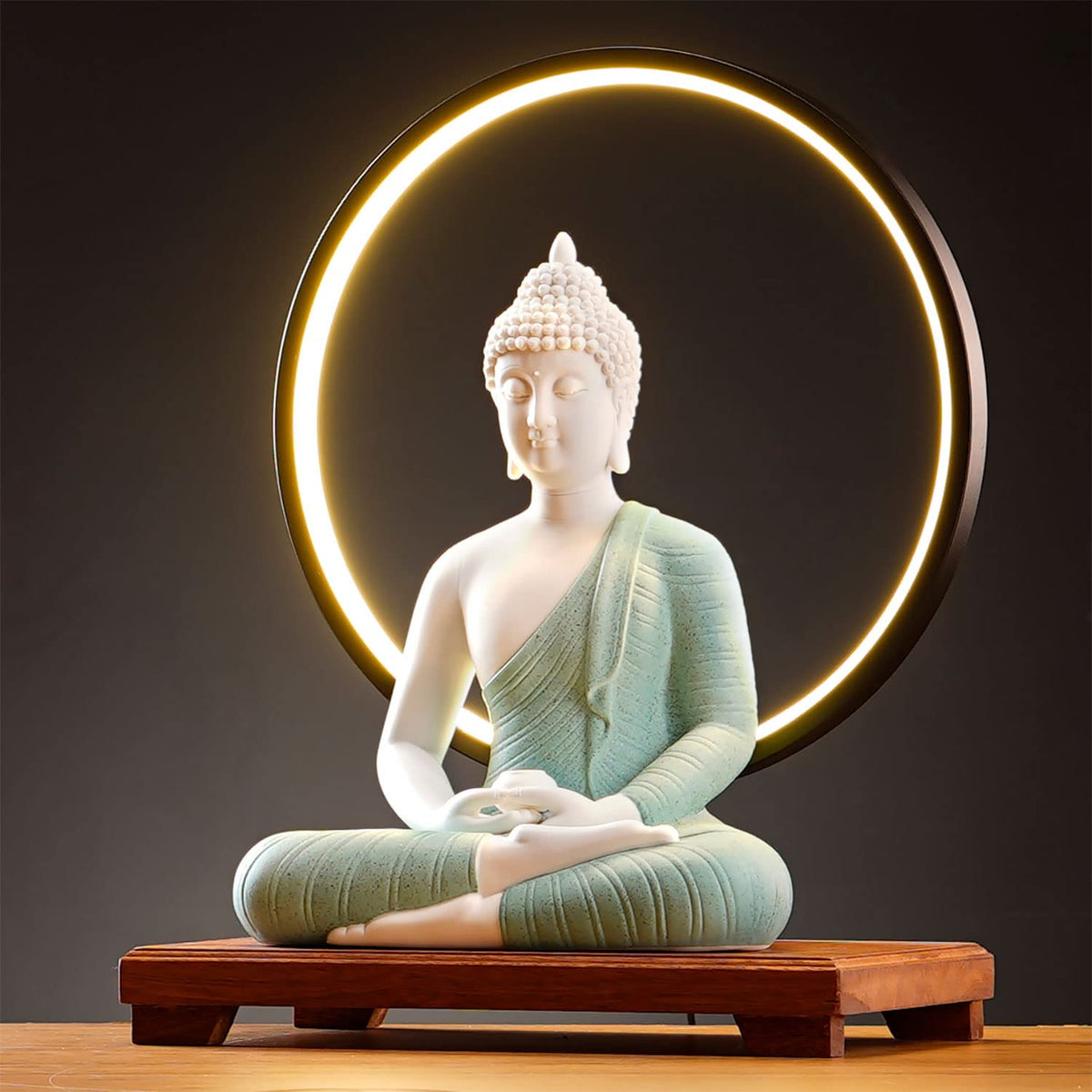 12 in Green Buddha Statue and 15.74 in LED Circle Table Lamp (Green)