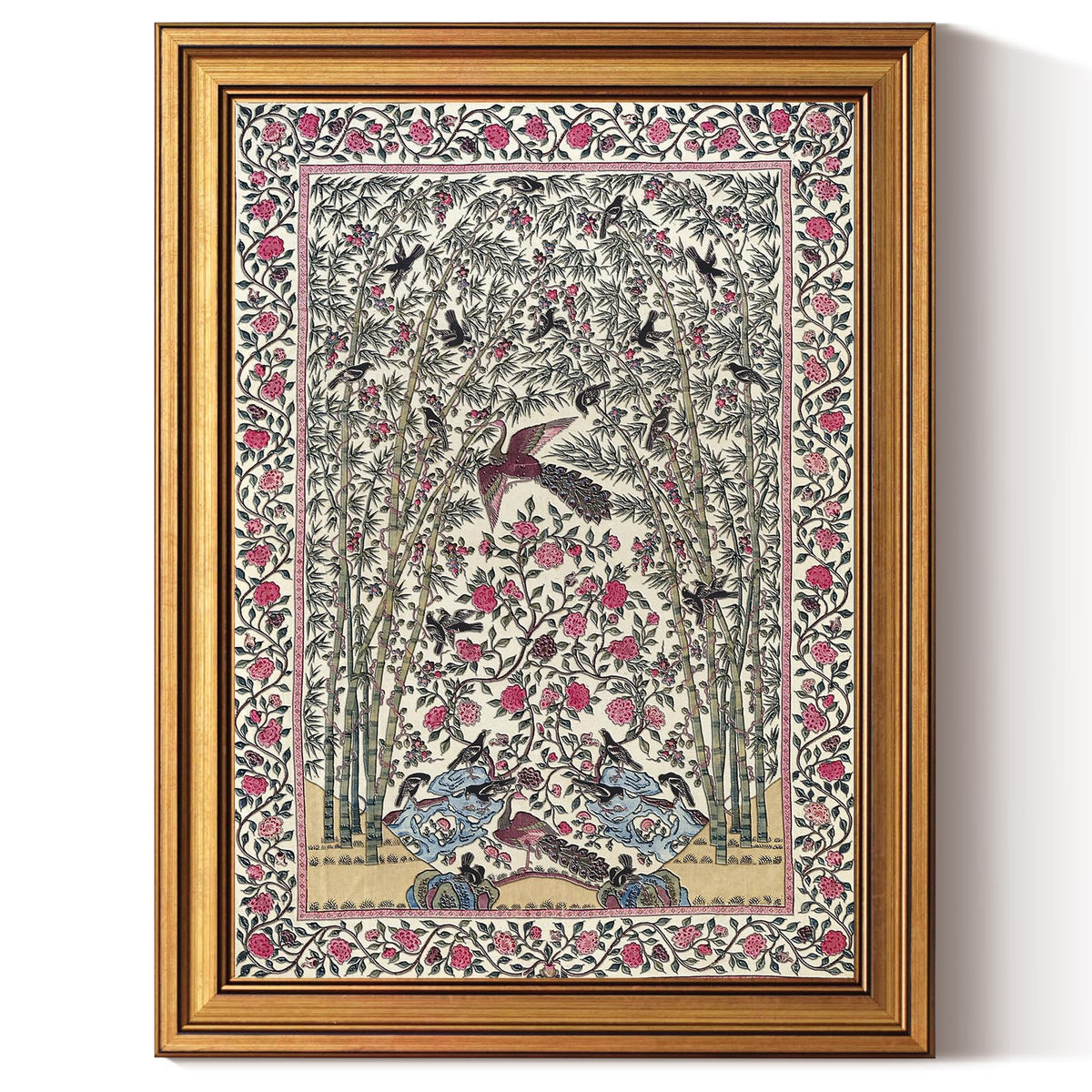 3D Textured Gold Framed Wall Art (Bamboo and Peacock / 16"L x 12"W)