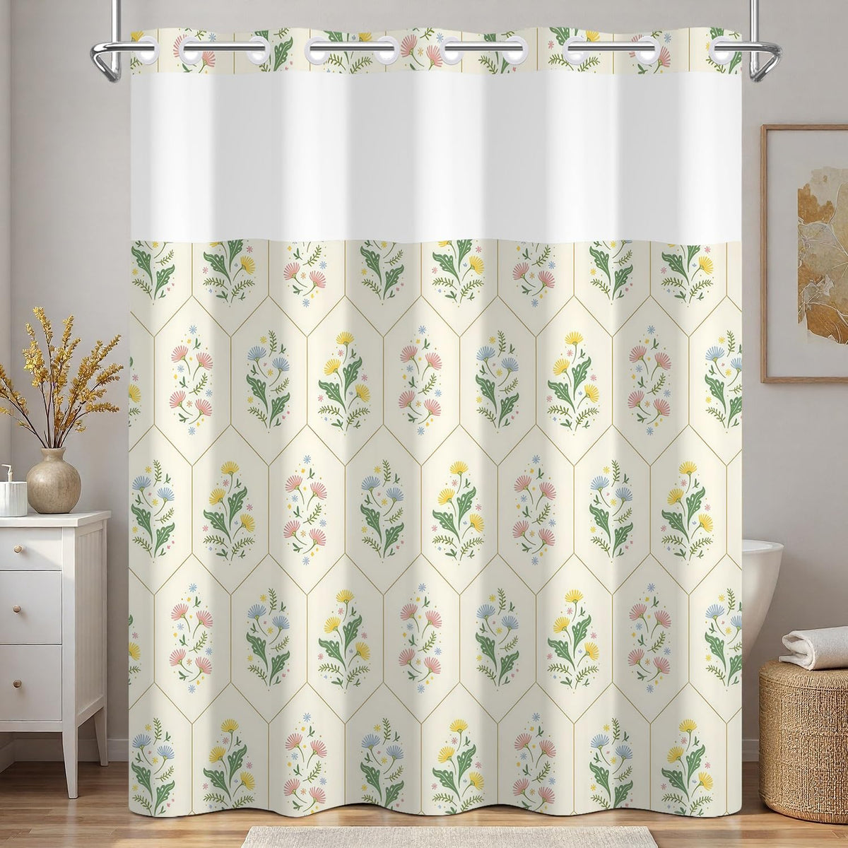 Cottage Core Shower Curtain with Snap in Liner (Delicate Floral)