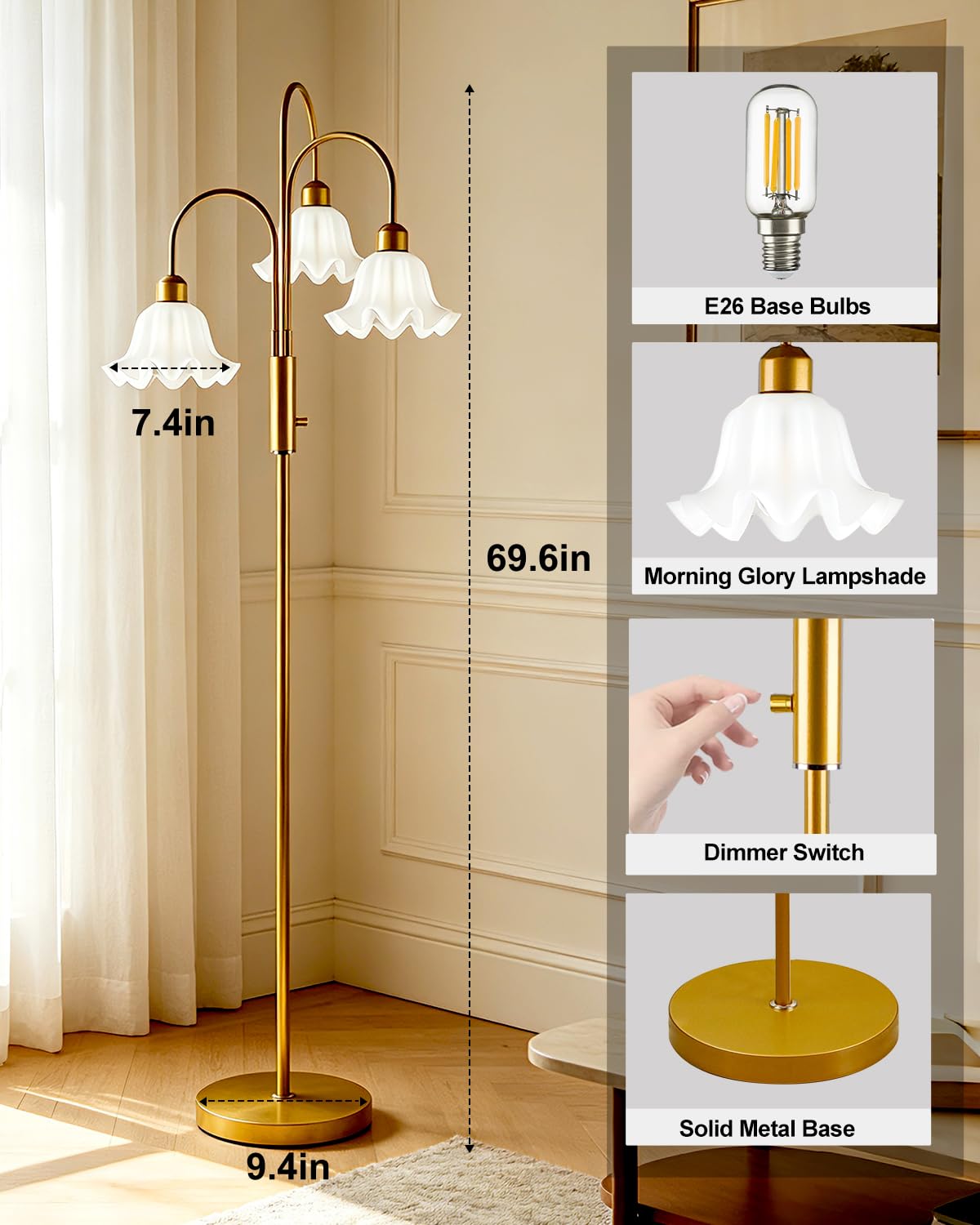 Flower Floor Lamp for Living Room 3 Light Tree Floor Lamp (3 Flower Down-Gold)