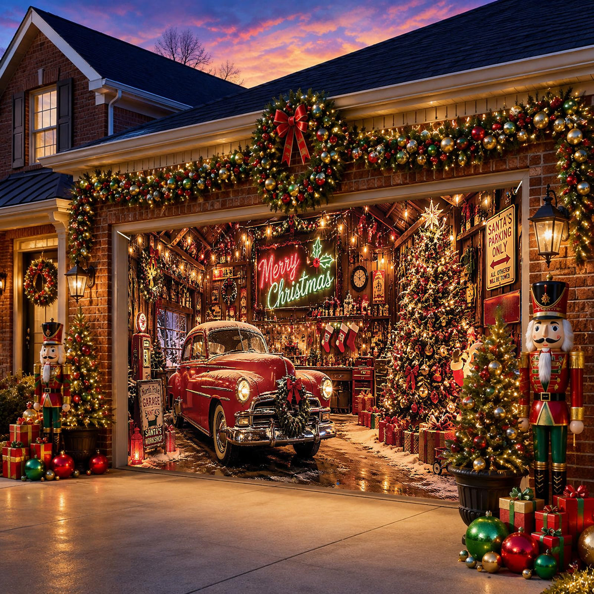 Christmas Nostalgic Garage Door Cover Banner Vintage Car Xmas Backdrop (Christmas Car)