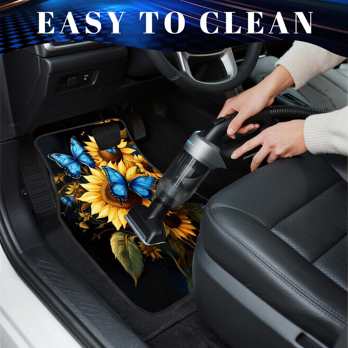 Sunflower Car Floor Mats Set of 4 Butterfly Blue Yellow Bright Color Carpet Front Rear Carpets Mat Non (26.8"L x 17.3"W x 0.4"Th / Sunflower)