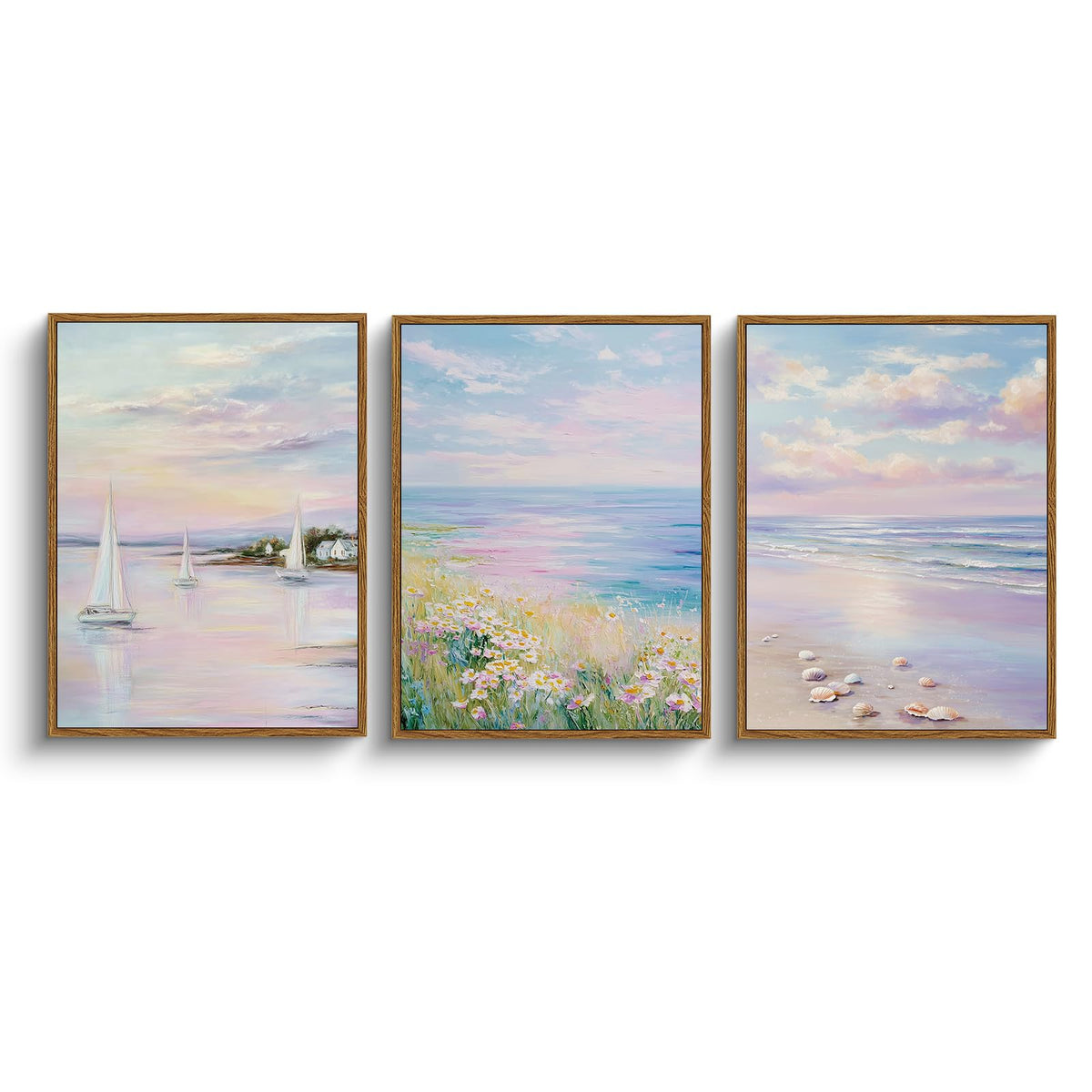 Pink Purple Coastal Sunrise 12''x16''Wall Art Set of 3 Framed Canvas Prints (The Colorful Beach / 12"x16"x3)