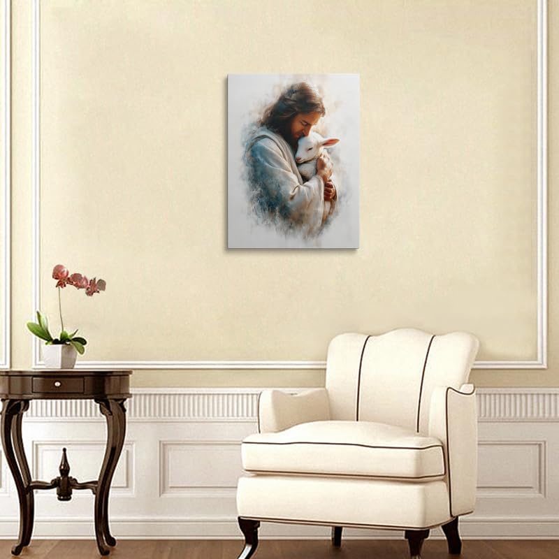 Good Shepherd Jesus Wall Art Canvas Framed Painting with Lamb Gentle Embrace in Soft Blue Cream Earth Tones Serene Christian Religious Wall Decor Artwork for Home Bedroom Church 12x16 Inches (Jesus with the lamb / 16"L x 12"W)