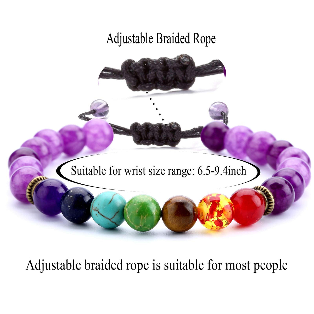 8mm Lava Rock 7 Chakras Beads Bracelet Gifts Braided Rope Natural Stone Yoga Bracelet Bangle (Amethyst Bead-21004)